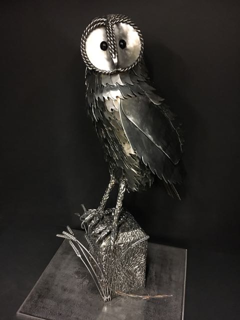 Barn Owl on Fence Post Metal Sculpture